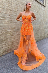 Orange Prom Dress Sheath Corset Long Evening Dress with Appliques