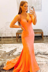 Orange Prom Dress Spaghetti Straps Black Prom Dressless Mermaid Evening Dress