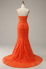 Orange Prom Dress Spaghetti Straps Mermaid Evening Dress