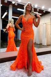 Orange Prom Dress Spaghetti Straps Mermaid Evening Dress