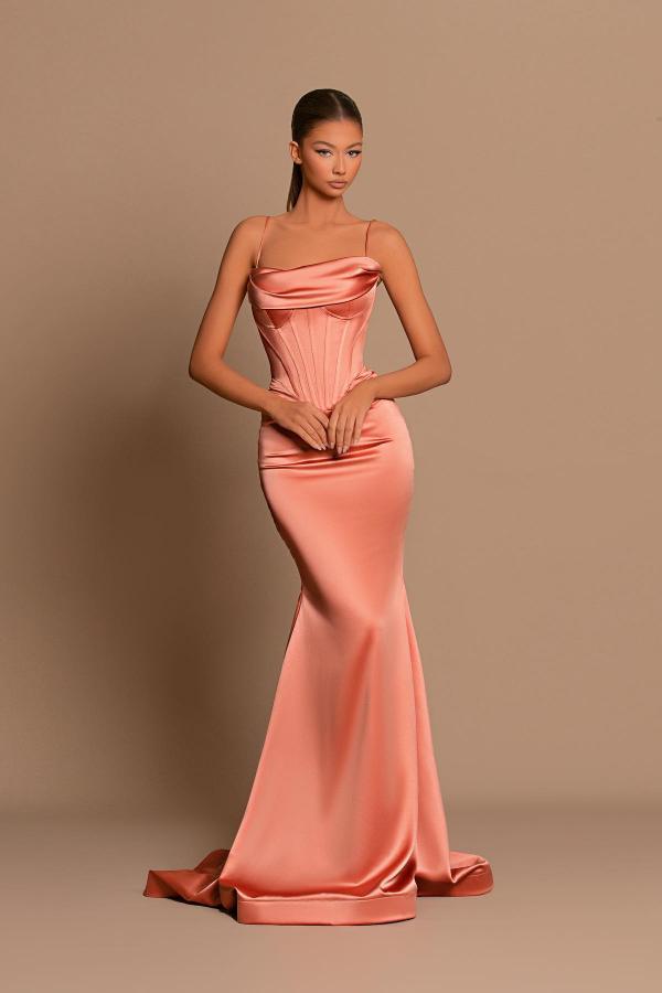 Orange Prom Dress Spaghetti Straps Mermaid Satin Formal Dress