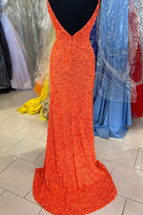 Orange Prom Dress Sparkly Mermaid V Neck Sequined Long Evening Dress