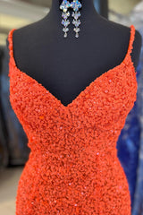 Orange Prom Dress Sparkly Mermaid V Neck Sequined Long Evening Dress