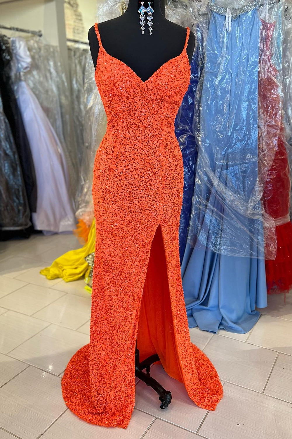 Orange Prom Dress Sparkly Mermaid V Neck Sequined Long Evening Dress