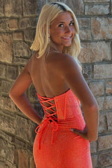 Orange Prom Dress Strapless Corset Long Evening Dress with Slit