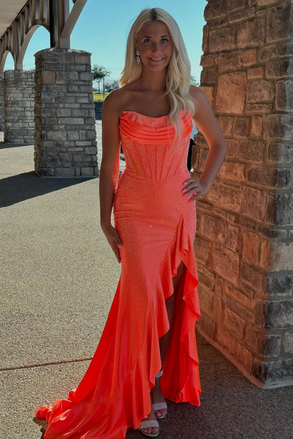Orange Prom Dress Strapless Corset Long Evening Dress with Slit
