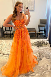 Orange Prom Dress Sweetheart Neck Tulle Lace Long Formal Graduation Dress Evening Dress