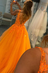 Orange Prom Dress V Neck Tulle Lace Long Evening Dress