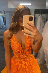 Orange Prom Dress V Neck Tulle Lace Long Evening Dress