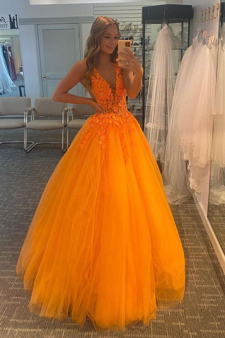 Orange Prom Dress V Neck Tulle Lace Long Evening Dress