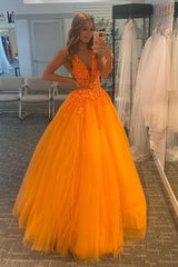 Orange Prom Dress V Neck Tulle Lace Long Evening Dress