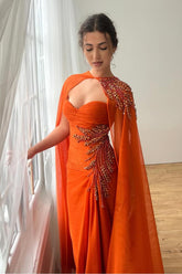Orange Sheath/Column Prom Dress Cap Sleeve Sweetheart Formal Dress With Beadings and Rhinestones