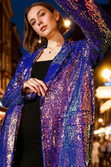 Oversized Longline Prom Blazer For Women In Sparkly Purple Sequins