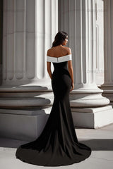 Dressystars White Mermaid Off The Shoulder Long Satin Black Tie Dress