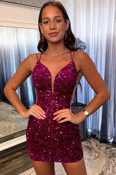 Paisley Homecoming Dress Pretty Bodycon Fuchsia Sequin Style Short Party Cocktail Dress