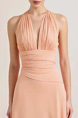 Peach Prom Dress Sheath Chiffon Deep V-Neck Ruched Long Formal Dress