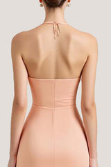 Peach Prom Dress Sheath Chiffon Deep V-Neck Ruched Long Formal Dress