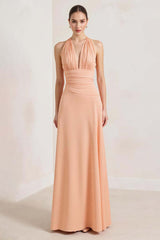 Peach Prom Dress Sheath Chiffon Deep V-Neck Ruched Long Formal Dress