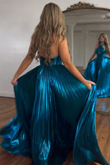 Peacock Blue Prom Dress Halter Neck A Line Long Elegant Evening Dress with Split