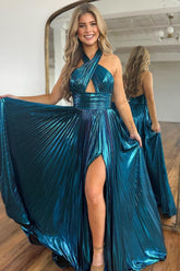 Peacock Blue Prom Dress Halter Neck A Line Long Elegant Evening Dress with Split