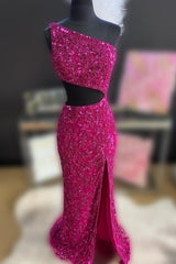 Peacock Blue Prom Dress Sequined Mermaid One Shoulder Long Evening Dress with Slit