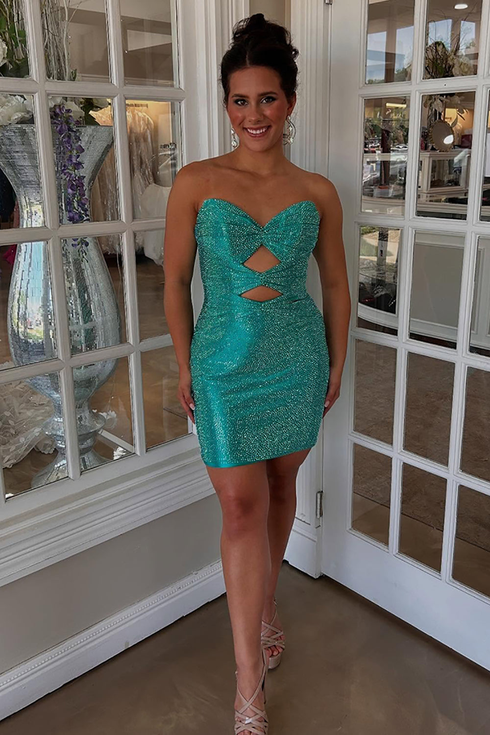 Peacock Green Beaded Cut Out Tight Homecoming Dresses Short Cocktail Dresses