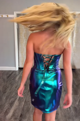 Peacock Green Homecoming Dresses Metallic Beaded Corset Short Tight Cocktail Dresses