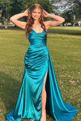 Peacock Green Prom Dress Sheath Sweetheart Long Evening Dress with Split Front