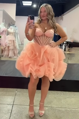 Pink A Line Homecoming Dresses Floral Corset Strapless Short Cocktail Dresses