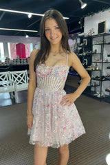 Pink A Line Homecoming Dresses Floral Short Corset Cocktail Dresses