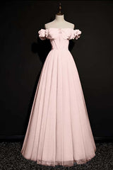 Pink A Line Off the Shoulder Prom Dress Cap Sleeve Formal Dress With Beadings