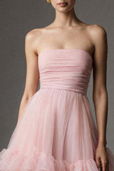 Dressystars Pink A Line Organza Strapless Ruffled Long Prom Dress