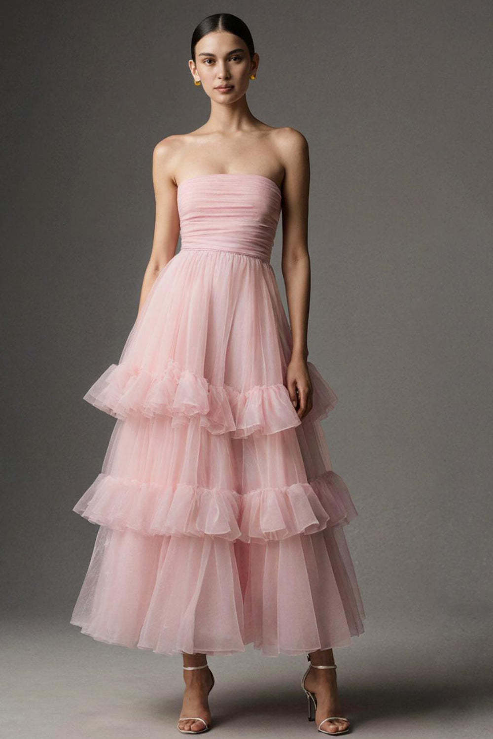 Dressystars Pink A Line Organza Strapless Ruffled Long Prom Dress