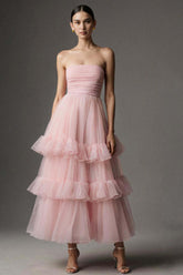 Dressystars Pink A Line Organza Strapless Ruffled Long Prom Dress