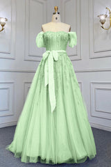 Pink A Line Prom Dress Cap Sleeve Off the Shoulder Formal Dress With Beadings