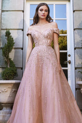 Pink A Line Prom Dress Cap Sleeve Off the Shoulder Formal Dress With Beadings and Rhinestones