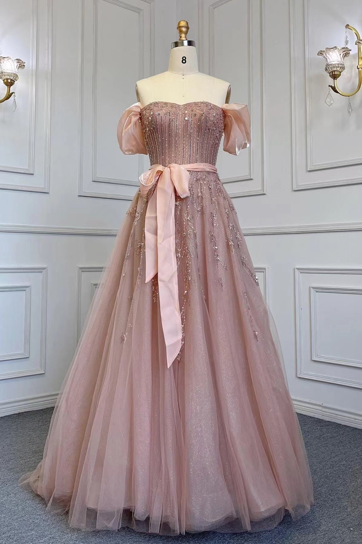 Pink A Line Prom Dress Cap Sleeve Off the Shoulder Formal Dress With Beadings