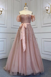 Pink A Line Prom Dress Cap Sleeve Off the Shoulder Formal Dress With Beadings