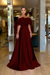 Pink A Line Prom Dress Cap Sleeve Off the Shoulder Ruffled Satin Formal Dress