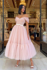 Pink A Line Prom Dress Cap Sleeve Off the Shoulder Tea Length Formal Dress