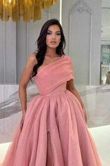 Pink A Line Prom Dress Cap Sleeve One Shoulder Formal Dress