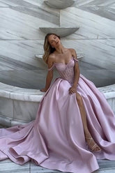 Pink A Line Prom Dress Off the Shoulder Cap Sleeve Formal Dress With Beadings