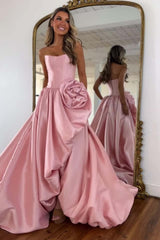 Pink A Line Prom Dress Satin Strapless Long Corset Formal Dress With 3D Flower