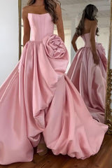 Pink A Line Prom Dress Satin Strapless Long Corset Formal Dress With 3D Flower