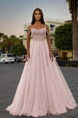 Pink A Line Prom Dress Sleeveless Spaghetti Straps Formal Dress With Beadings