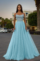 Pink A Line Prom Dress Sleeveless Spaghetti Straps Formal Dress With Beadings