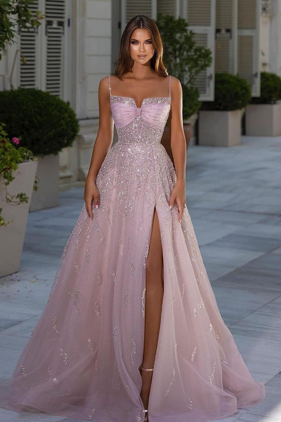 Pink A Line Prom Dress Sleeveless Spaghetti Straps Formal Dress With Beadings and Rhinestones