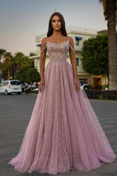 Pink A Line Prom Dress Sleeveless Spaghetti Straps Formal Dress With Beadings