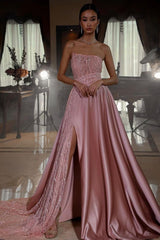 Pink A Line Prom Dress Sleeveless Strapless Satin Formal Dress With Sequins
