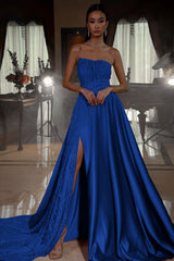 Pink A Line Prom Dress Sleeveless Strapless Satin Formal Dress With Sequins